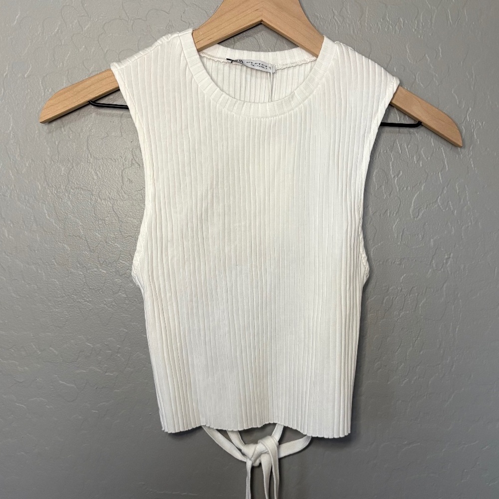 Zara White Ribbed Back Less Tie Back Tank NWT Size M